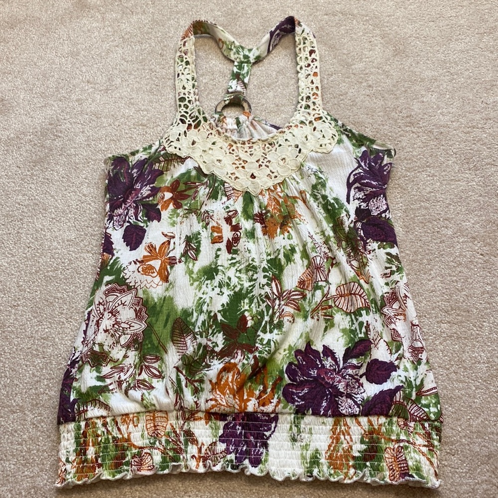 Womens floral tank top purple/green/orange/cream